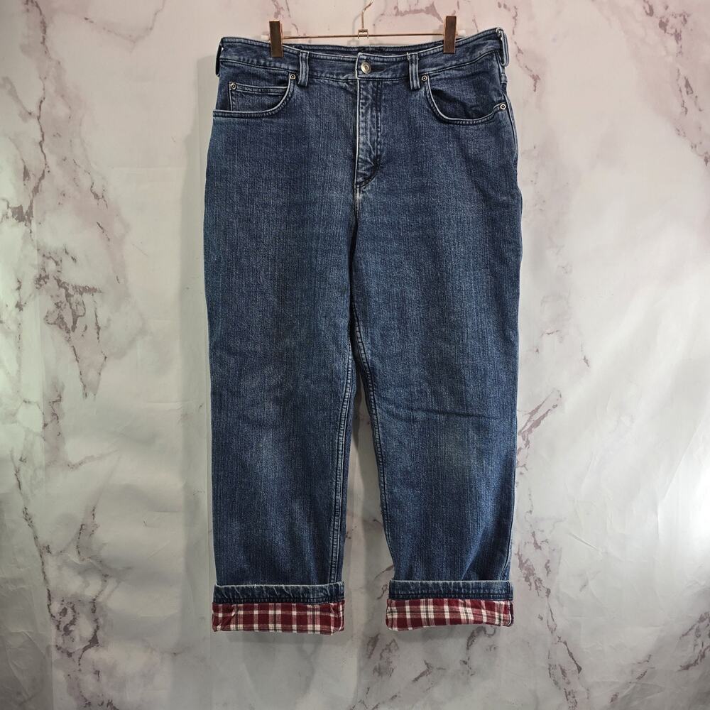 Duluth Jean Womens 12 Short Flannel Lined Plaid Red High Rise Medium Wash Denim
